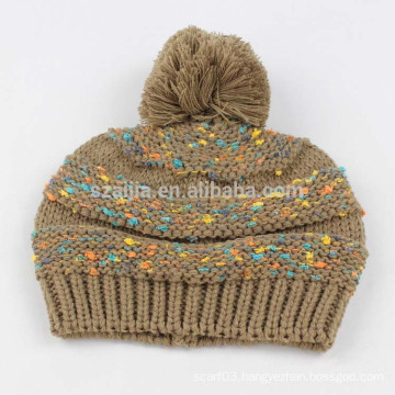 Ladies acrylic fancy yarn knitted pom pom hat